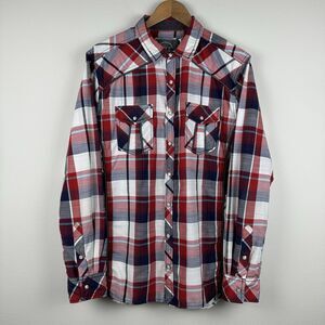 BKE Pearl Snap Western Plaid Shirt Men's Size Large Standard Fit Red Blue White